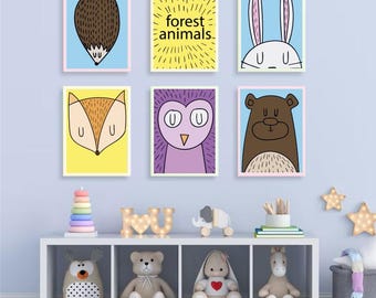 Set of 6 Animal Posters for Kids Room or Nursery