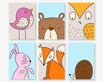Set of 6 Animal Posters for Kids Room or Nursery