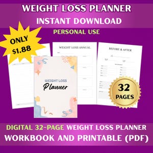 Könnte beinhalten: Ein digitales Arbeitsbuch für die Gewichtsplanung mit 32 Seiten. Das Cover zeigt den Text "Weight Loss Planner". Das Bild enthält den Text "Instant Download" und "Personal Use". Der Preis beträgt 1,88 $.