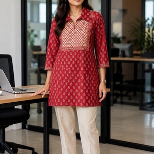 Handmade maroon block print cotton kurta for women featuring floral ethnic motifs, a relaxed boho silhouette, and lightweight breathable fabric ideal for casual, office, and festival wear.