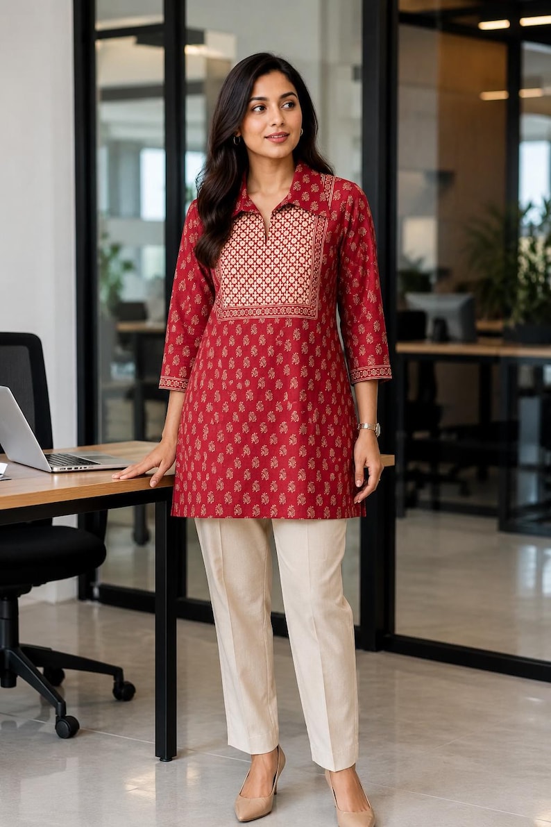 Handmade maroon block print cotton kurta for women featuring floral ethnic motifs, a relaxed boho silhouette, and lightweight breathable fabric ideal for casual, office, and festival wear.