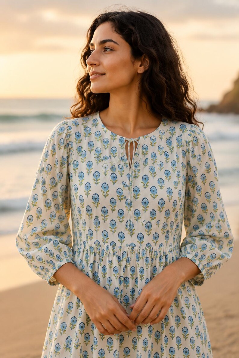 Close view of vintage-inspired floral dress, airy and relaxed fit for vacation wear