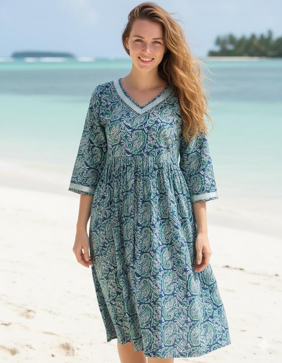 Blue Paisley Cotton Midi Dress for Women, Boho Beach Vacation Dress, Flowy Summer Resort Dress, Coastal Holiday Outfit