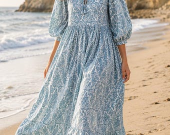 Boho Floral Print Midi Dress Women's Blue Ethnic Casual & Travel Wear Block Print Cotton Dress Puff Sleeve Dress Gift For Her Beach Outfit
