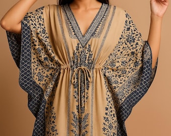 Luxury Handblock Printed Cotton Kaftan Boho Resort Wear Free Size Lounge Dress womens Fall Style Beach Caftan Summer Bohemian Dress