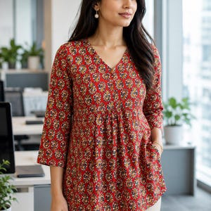 Women’s Red Paisley Print Cotton Top – Boho Office Wear Tunic, V-Neck Flare Blouse, 3/4 Sleeve Ethnic Workwear Top, Casual Indian Tunic