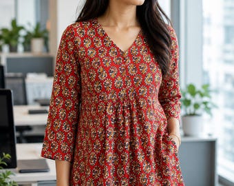 Women’s Red Paisley Print Cotton Top – Boho Office Wear Tunic, V-Neck Flare Blouse, 3/4 Sleeve Ethnic Workwear Top, Casual Indian Tunic