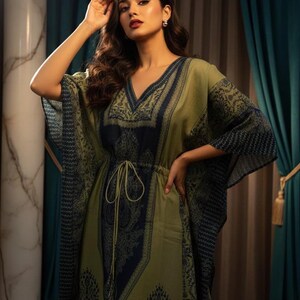 Cotton Kaftan Dress for Women Olive Green Handblock Print Boho Beach Coverup Free Size Resort Wear Jaipur Artisan Handmade Gift for Her