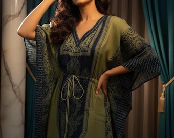 Cotton Kaftan Dress for Women Olive Green Handblock Print Boho Beach Coverup Free Size Resort Wear Jaipur Artisan Handmade Gift for Her
