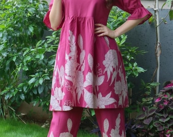 Magenta Handblock Print Cotton Kurti Set, Floral Cotton Co-ord for Women, Summer Lounge Wear, Ethnic Boho Resort Outfit