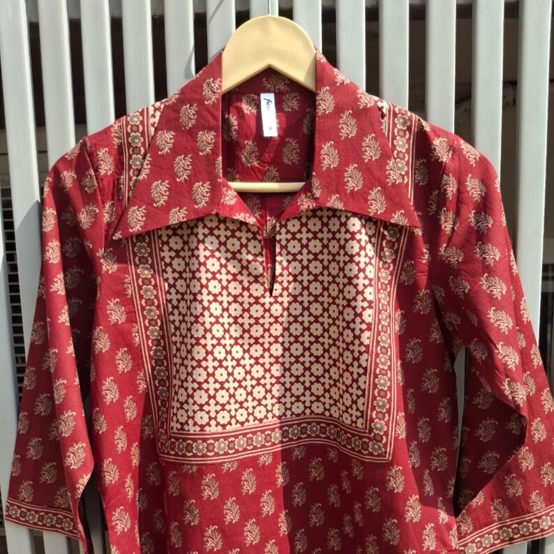 "Traditional Indian cotton tunic – red kurti with floral block prints"
