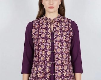 Handblock Printed Reversible Cotton Jacket for Women, 2-in-1 Printed & Solid Sleeveless Ethnic Vest, Handmade Indo-Western Layering Jacket
