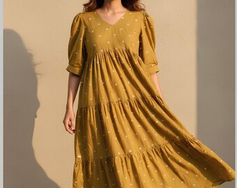 Mustard Yellow Cotton Midi Dress | 100% Pure Cotton Summer Dress | Puff Sleeve Boho Dress | Handmade Casual Cottagecore Dress