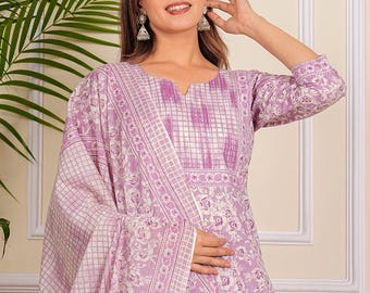 Lilac Purple Cotton 3-Piece Suit Set, Printed Kurta, Pants & Dupatta for Women