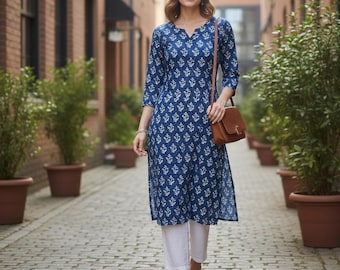 Hand Block Print Cotton Kurta for Women, Indigo Handmade Ethnic Boho Tunic, Summer Casual Wear, Indian Block Print Shirt, Breathable Cotton