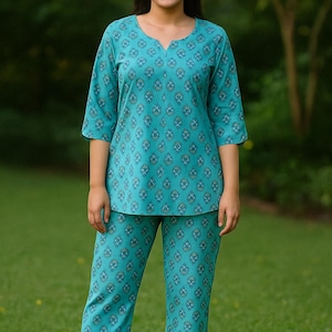 Katoenen combi-set met Indiase blokprint in aquablauw | 2-delige damesoutfit | Casual zomerpak