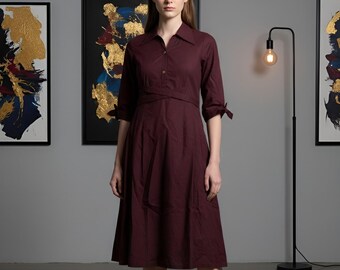 Maroon Cotton Shirt Dress Women | A-Line Midi Dress With Collar | 3/4 Sleeve Workwear Dress | Indo Western Casual Day Dress | Gift for Her