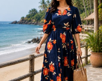 Vestido midi de algodón azul marino con estampado artesanal / Vestido cruzado estilo boho para mujer / Conjunto vacacional hecho a mano en Jaipur / Vestido de fiesta de verano
