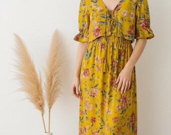Mustard Yellow Floral Co-Ord Set | Boho Summer Outfit for Women | Crop Top & Midi Dress | Vacation, Beachwear