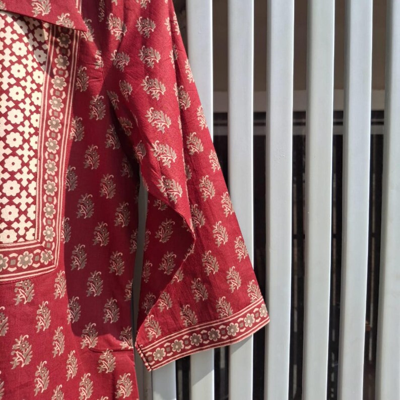 "Handcrafted red cotton kurta – floral block print Indian clothing"