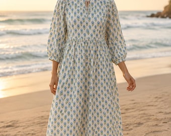 Vestido midi azul de algodón con estampado floral para mujer, vestido bohemio de verano para la playa, vestido con estampado de bloques hecho a mano, vestido casual estilo cottagecore, vestido de algodón fluido