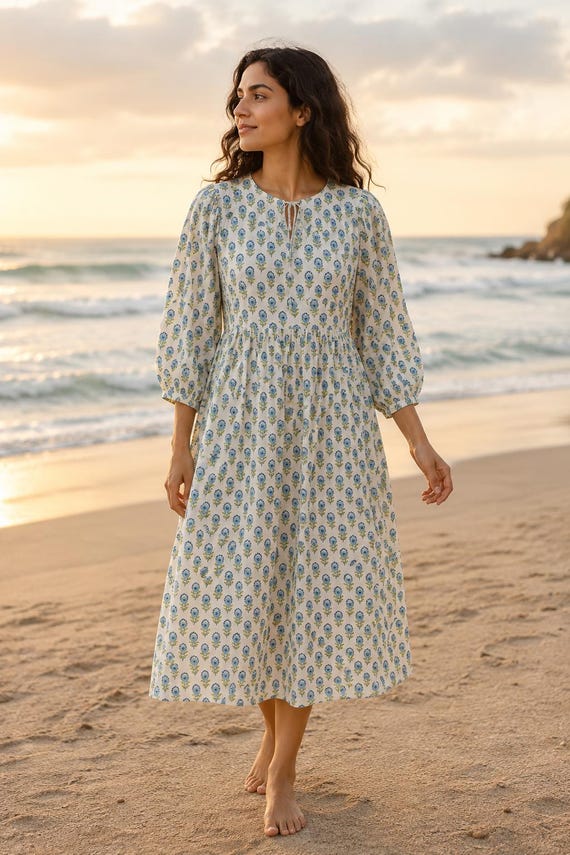Blue Floral Cotton Midi Dress for Women, Boho Summer Beach Dress, Handmade Block Print Dress, Casual Cottagecore Dress, Vacation Dress