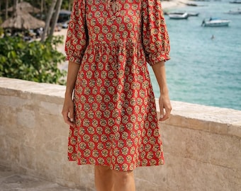 Vestido midi de algodón con estampado floral rojo, estilo bohemio hecho a mano, para verano, estilo bohemio maxi, informal, de manga larga y cuello en V, ideal para viajes.
