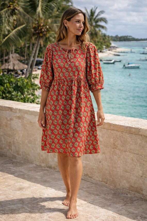 red boho midi dress Floral Block Print Cotton Dress, Handmade Style, Summer Wear, Casual Long Sleeve V Neck Dress, Travel Size:UK11 WHAT MAKES IT SPECIAL Princess Black Quinceanera Dresses back-in-stock_obsolete