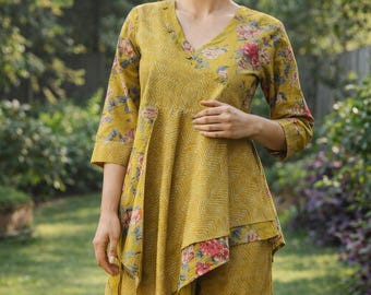 Mustard Yellow Asymmetrical Kurta Set for Women Flora Cotton Kurti with Pants Summer Co-Ord Outfit