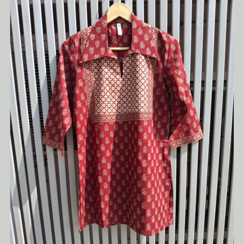 "Handmade red block print kurta – cotton ethnic tunic for women"