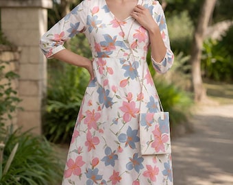 White Floral Cotton Aline Dress | V Neck Midi Dress | Cottagecore Dress | Garden Party Outfit | Pastel Summer Dress Women