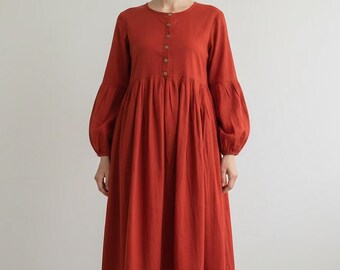 Rust Red Cotton Midi Dress for Women, Long Sleeve Loose Boho Dress, Button Front Smock Dress, Modest Casual Fall Dress, Maternity Maxi Dress