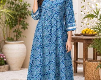 Blue Floral Pure Cotton Kurti Pant Set – Summer Kurta Palazzo Outfit for Women