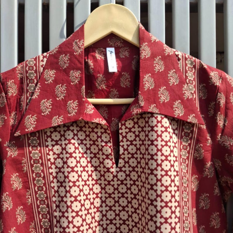 "Boho Indian kurta dress – handcrafted red cotton block print outfit"