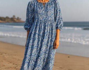 Blue Paisley Midi Dress for Women – Boho Beach Vacation Cotton Dress | Flowy Summer Maxi Dress | Resort Wear Outfit | Vacation Outfit