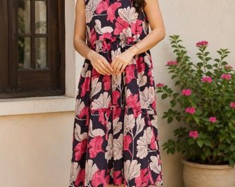 Black Floral Cotton Midi Dress for Women, Sleeveless Calf Length Summer Dress, Boho Flowy Tiered Dress, Casual Vacation Outfit