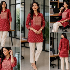 May include: A woman's ensemble featuring a red tunic with a gold embroidered design and three-quarter sleeves, paired with cream-colored pants. The tunic has a small, repeating pattern. The outfit is suitable for office or business casual wear.