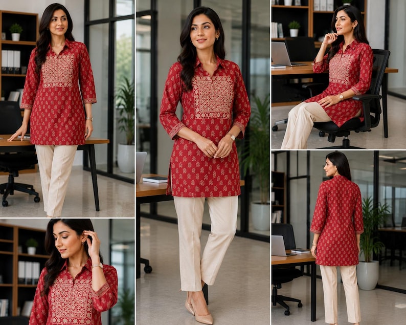 May include: A woman's ensemble featuring a red tunic with a gold embroidered design and three-quarter sleeves, paired with cream-colored pants. The tunic has a small, repeating pattern. The outfit is suitable for office or business casual wear.