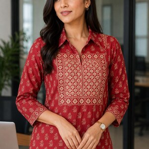 Handmade maroon block print cotton kurta for women featuring floral ethnic motifs, a relaxed boho silhouette, and lightweight breathable fabric ideal for casual, office, and festival wear.