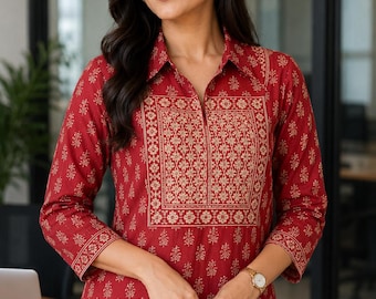 Maroon Cotton Tunic Top Printed Office Wear 3/4 Sleeve Workwear Tunic Indian Block Print Boho Top Casual Ethnic Style Shirt for Women