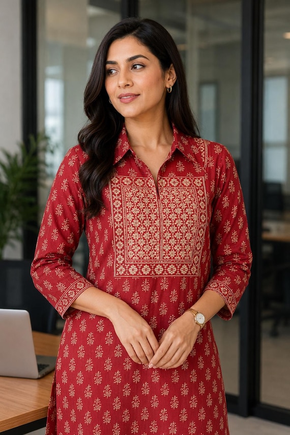 Maroon Cotton Tunic Top Printed Office Wear 3/4 Sleeve Workwear Tunic Indian Block Print Boho Top Casual Ethnic Style Shirt for Women