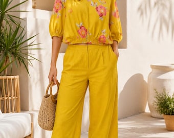 Yellow Floral Co-Ord Set Women, Cotton Two Piece Outfit, Summer Boho Crop Top Wide Leg Pants