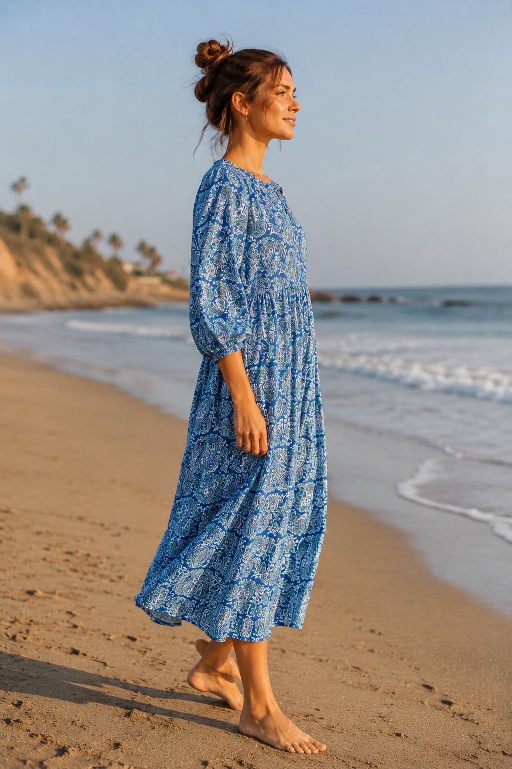 Blue Paisley Midi Dress for Women – Boho Beach Vacation Cotton Dress | Flowy Summer Maxi Dress | Resort Wear Outfit | Vacation Outfit