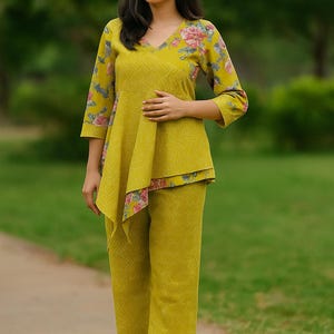 Mustard Yellow Cotton Co-ord Set, Asymmetric Floral Top & Pants, Boho Summer Wear for Women