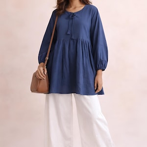 Handmade Blue Short Cotton Kurta for Women, Kurta Tunic for Office, Work, and Summer Wear, Long Sleeve Ethnic Indian Kurti, Global Fashion