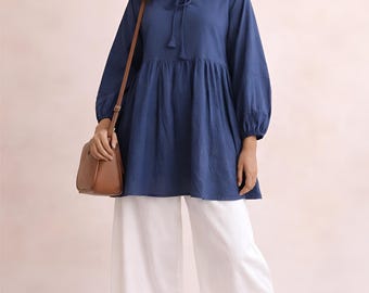 Handmade Blue Short Cotton Kurta for Women, Kurta Tunic for Office, Work, and Summer Wear, Long Sleeve Ethnic Indian Kurti, Global Fashion