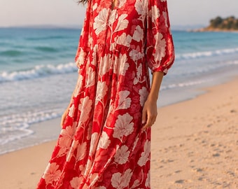 Red Floral Midi Dress for Women, Boho Beach Vacation Dress, Flowy Cotton Summer Dress, Botanical Print Calf Length Dress, Resort Wear Outfit