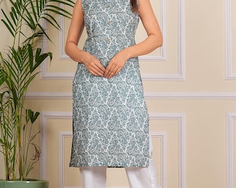 Women’s Cotton Kurta Pant Set, Sleeveless Printed Kurti with Paisley Motif, Ethnic Summer Wear, Office Casual Outfit, Breathable Cotton