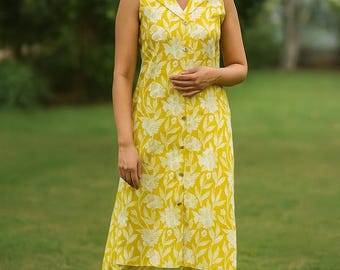 Gelbes Geblümter Baumwolle Kurta Set mit Hose | Ärmelloses Sommer Co-Ord Outfit für Frauen, ethnische Freizeitkleidung, Urlaub, Boho Chic