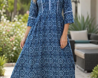 Blue Block Print Cotton Kurti and Palazzo Set, Indian Bohemian Fashion, Summer Casual Wear, Ethnic Clothing for Women, Handmade Outfit